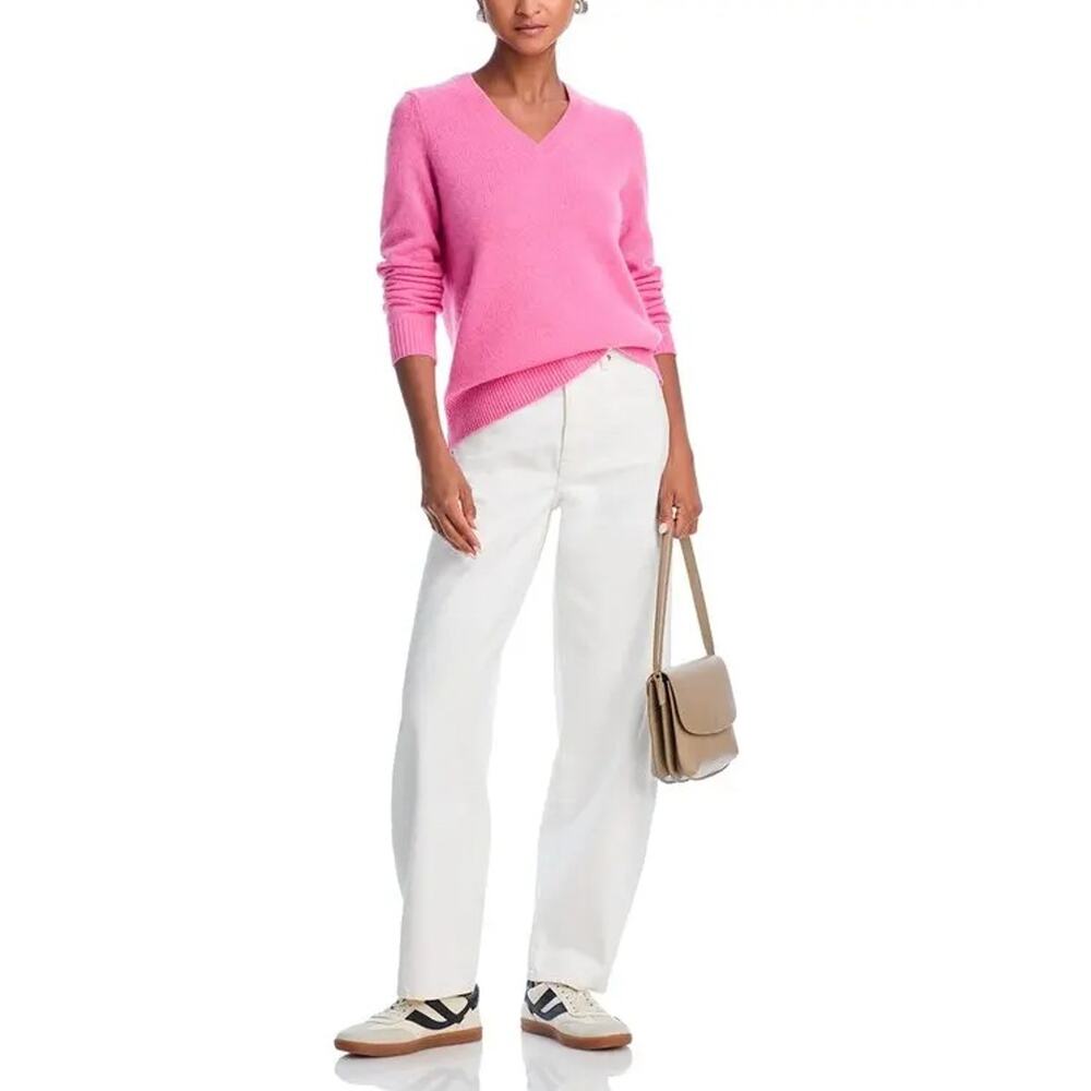 C by Bloomingdale's Women Flamingo Pink Cashmere Knit V-neck Sweater Size XS - Picture 4 of 8